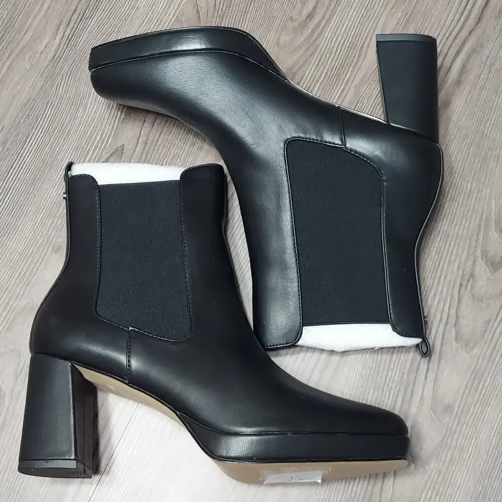 French Connection Black Vegan Leather Penny Block Heel Chelsea Boots